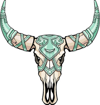 Fantastic skull of a bull in iron armor. Esoteric symbol, boho design.The color drawing isolated on a white background. Vector illustration. Print, posters, t-shirt, textiles.