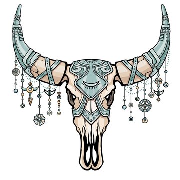 Fantastic skull of a bull in iron armor. Ethnic jewelry. Esoteric symbol, boho design.The color drawing isolated on a white background. Vector illustration. Print, posters, t-shirt, textiles.
