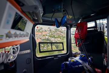 View from window helicopter emergency medical service. Themes rescue, health care and urgency help..