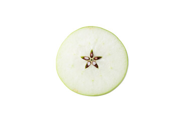 Green apple with green leaf and cut slice with seed isolated on white background.