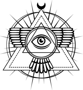 Esoteric symbol: winged pyramid, knowledge eye, sacred geometry. The monochrome drawing isolated on a white background. Vector illustration. Print, posters, t-shirt, textiles.
