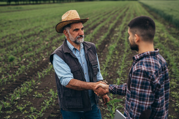 agricultural workers handshake on corn field