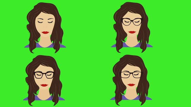 Cartoon women face avatar animation, moving and blinking eyes, on green screen chroma key