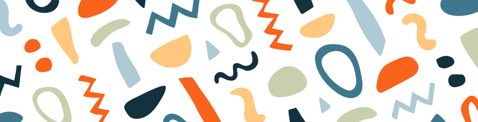 Banner with abstract organic shapes, stains, lines. Colorful vector elements in doodle style for background, cover, greeting card. Simple, fun design. Modern graphic for childlike holiday. Trendy text