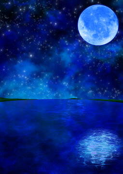 海と夜空に浮かぶ満月のイラスト