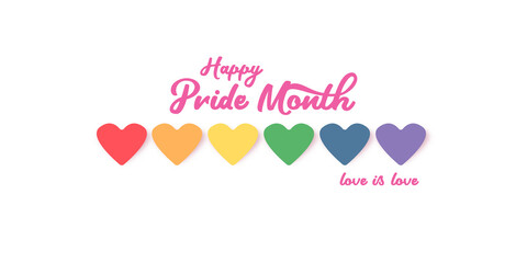 Happy pride month horizontal banner with heart and pride color flag isolated on white background. Pride month or pride day poster, flyer, invitation party card deign template.