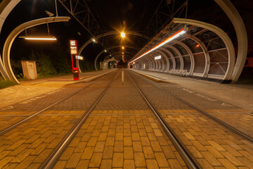 La station de tramway vide la nuit , le terminus du tram à Prague Barrandov. 