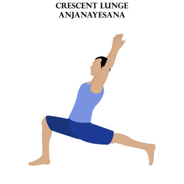 Crescent lunge yoga workout. Anjanayesana. Man doing yoga illustration
