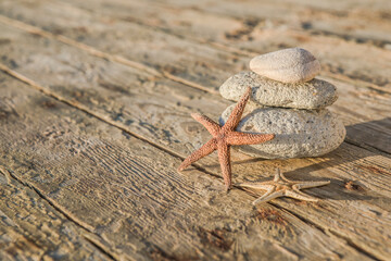 Marine items on wooden boat  background. Sea objects on aged boat textured