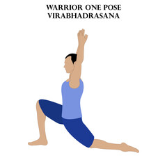 Warrior one pose yoga workout. Virabhadrasana. Man doing yoga illustration