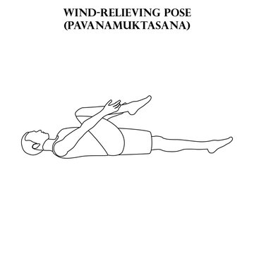 Wind-relieving pose yoga workout. Pavanamuktasana. Man doing yoga illustration outline
