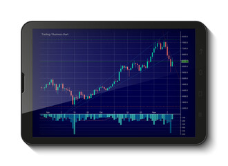 Tablet PC Business chart, uptrend line graph, bar chart stock numbers bull market arrow up and down phone. Evaluation investment risks tablet banner. Financial markets background tablet, trading phone