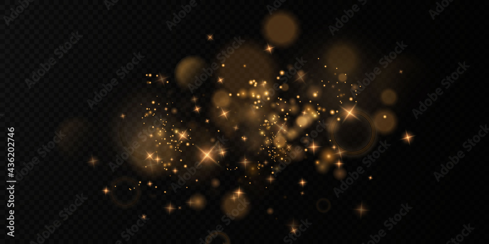 Wall mural bokeh light lights effect background. christmas background of shining dust christmas glowing golden 