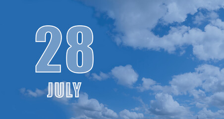 Naklejka na ściany i meble july 28. 28-th day of the month, calendar date.White numbers against a blue sky with clouds. Copy space, Summer month, day of the year concept