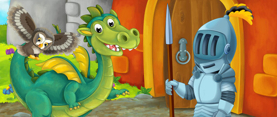 Cartoon dragon knight near castle illustration