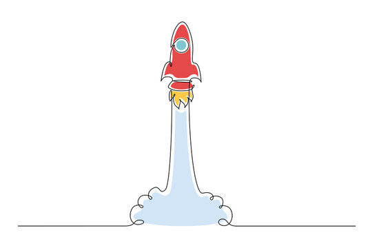 Launch Rocket space ship in One continuous line drawing. Startup project concept. Colorful doodle vector illustration