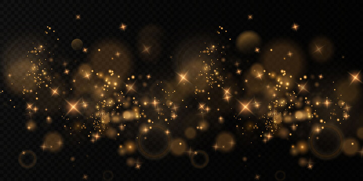 Bokeh light lights effect background. Christmas background of shining dust Christmas glowing golden bokeh confetti and spark overlay texture for your design. Gold dust PNG.