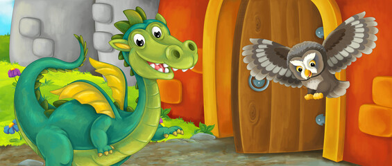 Cartoon dragon near castle entrance illustration
