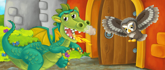 Cartoon dragon near castle entrance illustration