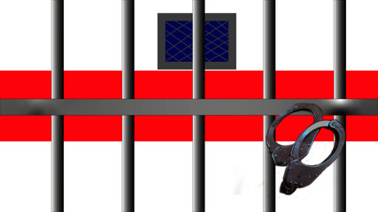 Flaga będąca symbolem białoruskiej opozycji za więzienną kratą. Z prawej strony kajdanki policyjne. - obrazy, fototapety, plakaty