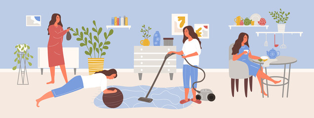 Young female character is doing leisure while staying at home.