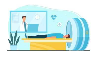 Male doctor is doing brain scan on MRI machine for patient