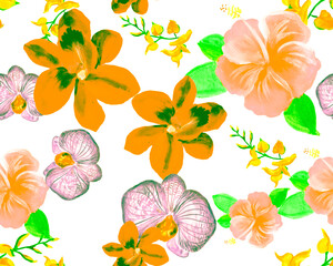 Orange Flower Palm. Yellow Hibiscus Illustration. Red Tropical Wallpaper. Autumn Exotic Painting . Seamless Illustration. Pattern Garden. Summer Background. Orchid Backdrop.