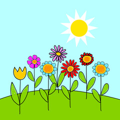  Children's drawing, meadow with colorful flowers