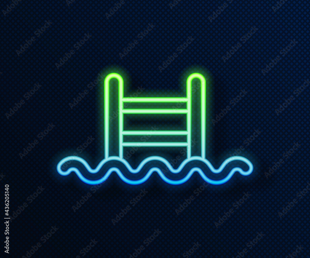 Sticker Glowing neon line Swimming pool with ladder icon isolated on blue background. Vector