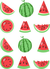 Watermelon cartoon vector collection with slices of raw berry fruit. Childish decoration juice, book illustration clip art.