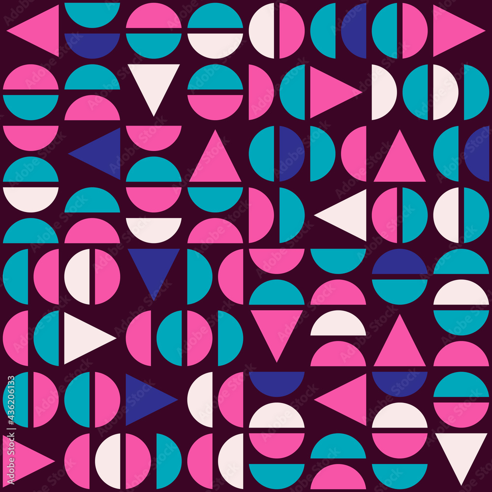 Aufkleber Pink half circles and triangles. Vector geometric shapes pattern. Repeated triangles and circles. Pink and blue colors.