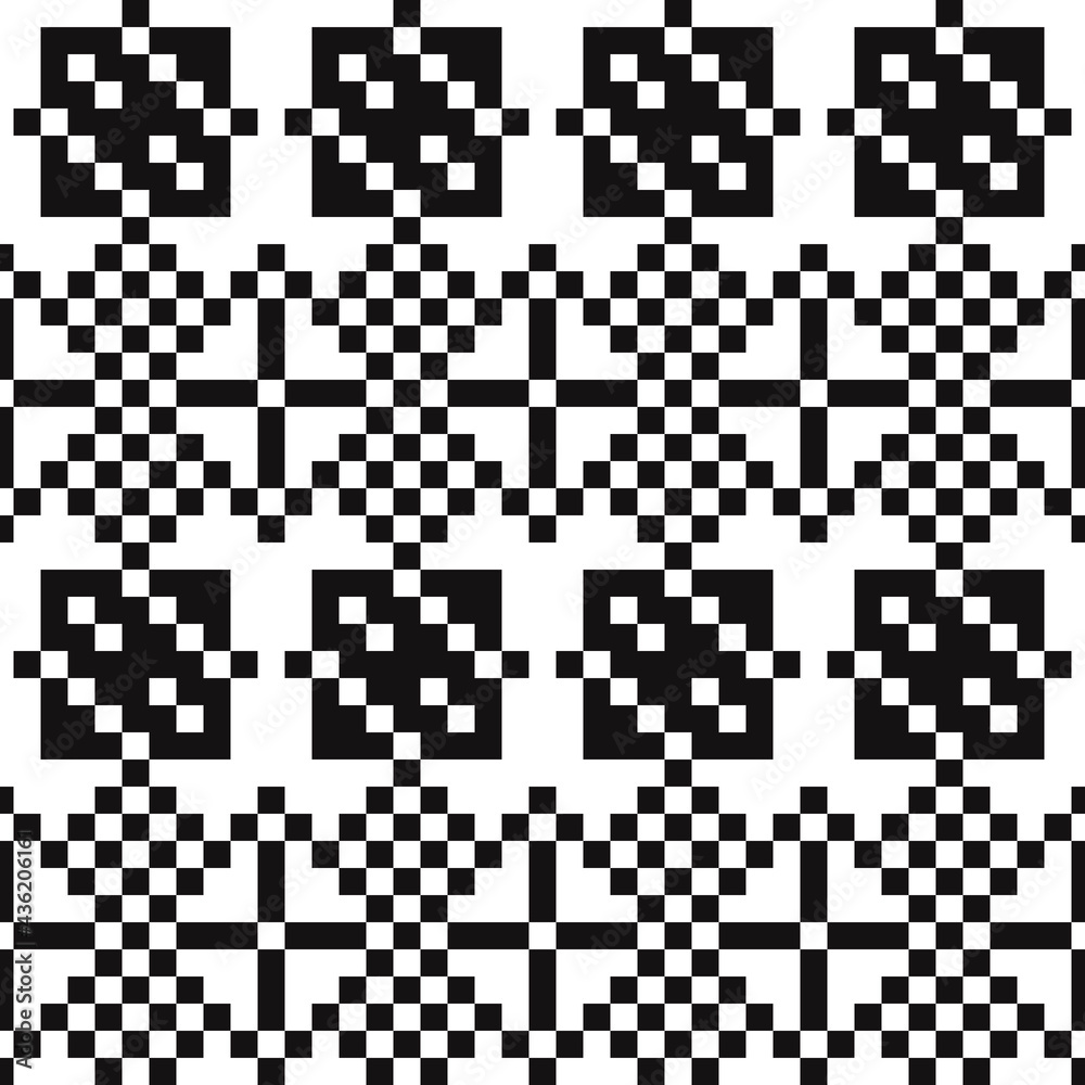 Poster pixel ornament. vector same pixelated shapes and seamless pattern. black and white colors.