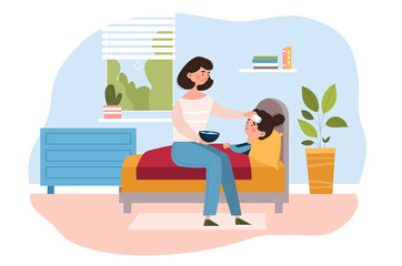 Young mother is taking the temperature of little sick daughter at home in bedroom