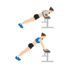 Woman doing Incline push ups exercise. Flat vector illustration isolated on white background