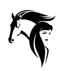 beautiful woman with long hair and wild mustang horse head - girl and animal black and white vector outline portrait