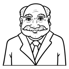 monochrome drawing of an old senior in a suit. comic, outline.