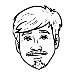 monochrome comic drawing of a man's head with mustache and goatee.