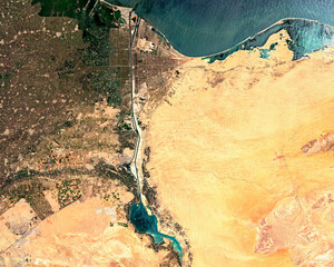 Satellite image of northern part of Suez Canal in Egypt. Contains modified Copernicus Sentinel data...