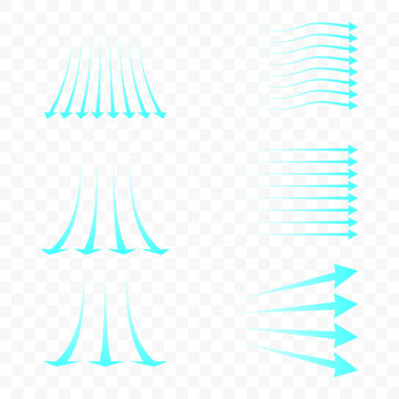 Set of blue arrow showing air flow. Blue stream of cold air from the conditioner. Clean fresh air flow. Wind direction. Isolated on transparent background.