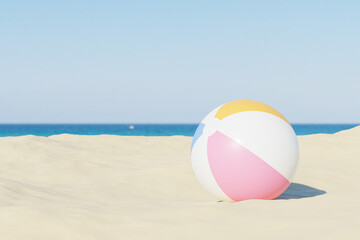 Fototapeta na wymiar Summer vacations background with inflatable beach balls and sand, copy space, 3d illustration render