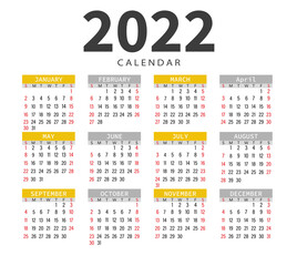 Office calendar 2022. Gray and yellow calendar. Vector graphics