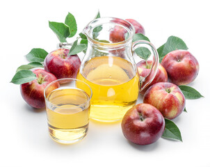 Glass and carafe of fresh apple juice and organic apples isolated on white background.