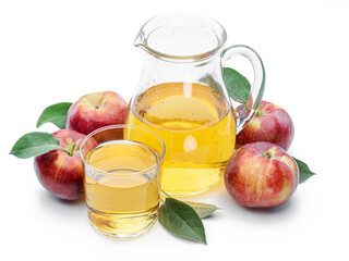 Glass and carafe of fresh apple juice and organic apples isolated on white background.