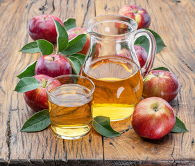 Glass and carafe of fresh apple juice and organic apples on dark old wooden table.