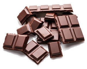 Pieces of dark chocolate bar isolated on white background. Sweet food is made of cocoa and sugar.