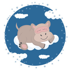 Hippopotamus in a mask for sleeping on a cloud. Can be used for children's room, posters, baby parties.