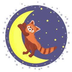 Cute adorable red panda standing on the moon. Moon and stars. For baby room, baby shower, greeting card. Hand drawn nursery. © Julia G art