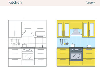 illustration of the kitchen with furniture, colorful and outline. For magazines, decor, didgital, posters design and projects.