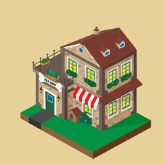 House in the city vector. Pet store, two-story, shop, house for housing and selling goods.