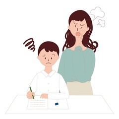 勉強嫌いの男の子と怒る女性
